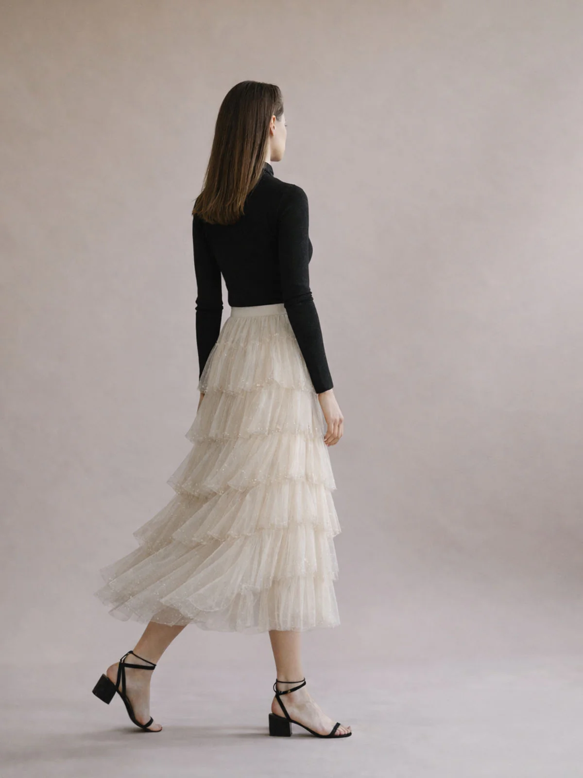 Odette Ivory Soft Net Pearl And Ruffle Skirt For Women - Image 3