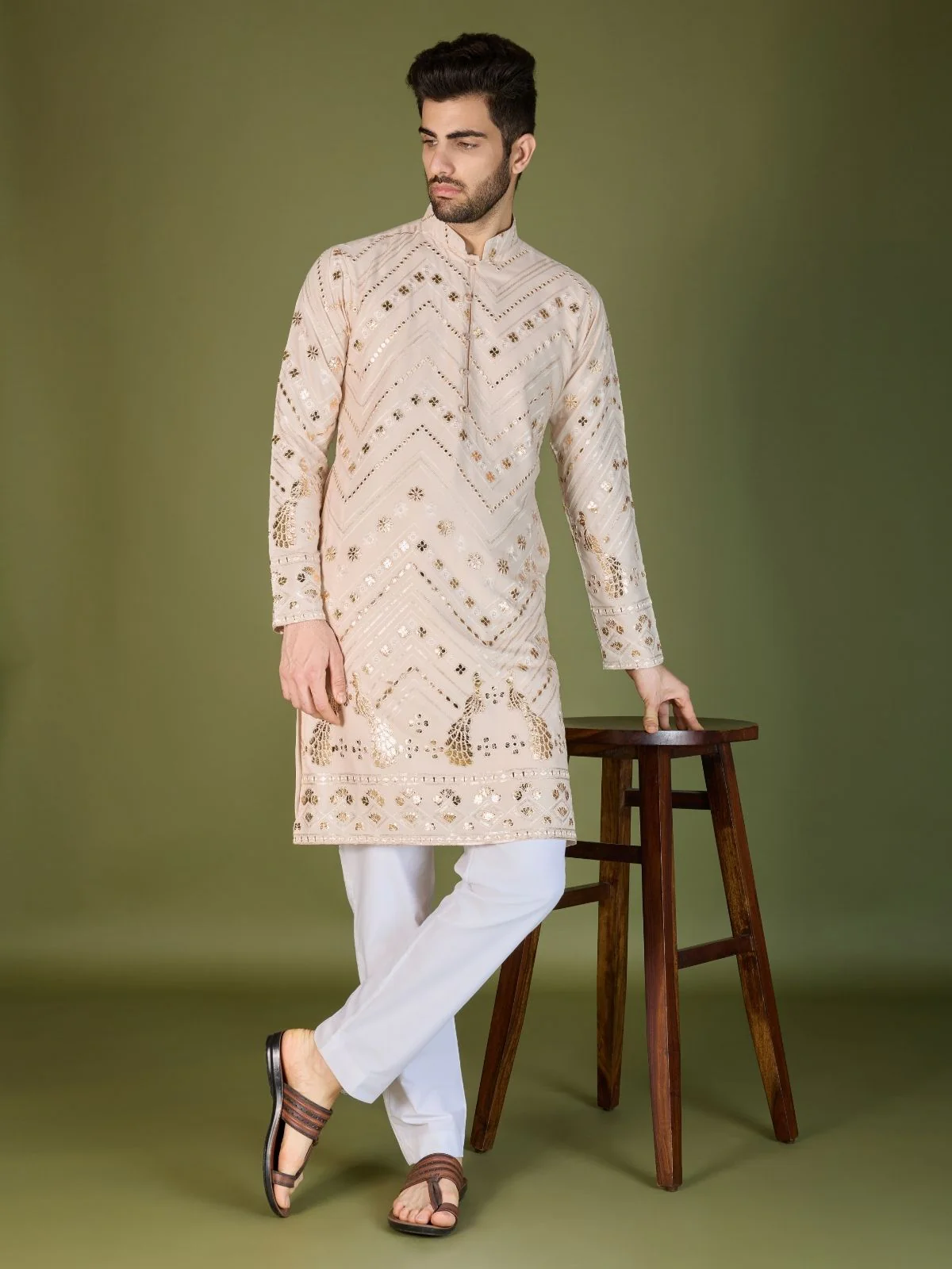 Odette Ivory Viscose Rayon Embroidered Stitched Kurta For Men - Image 2