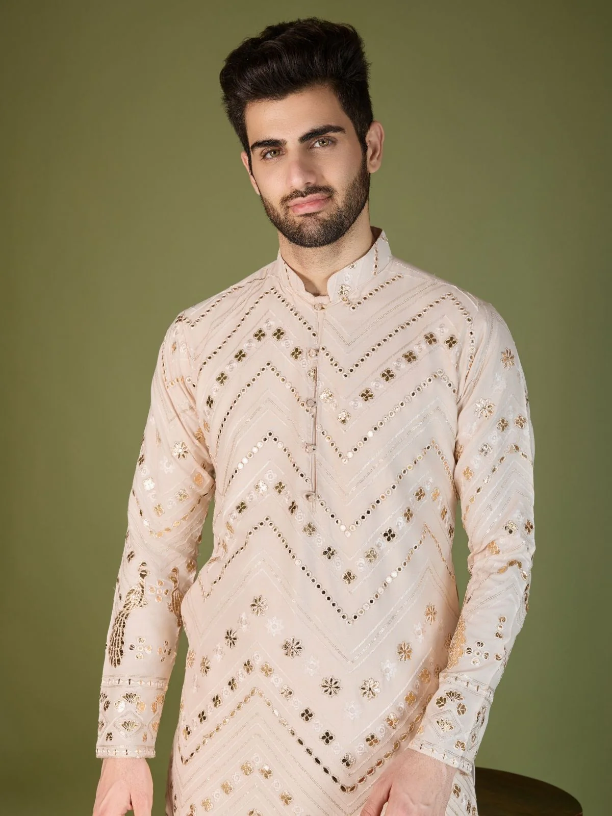 Odette Ivory Viscose Rayon Embroidered Stitched Kurta For Men - Image 6