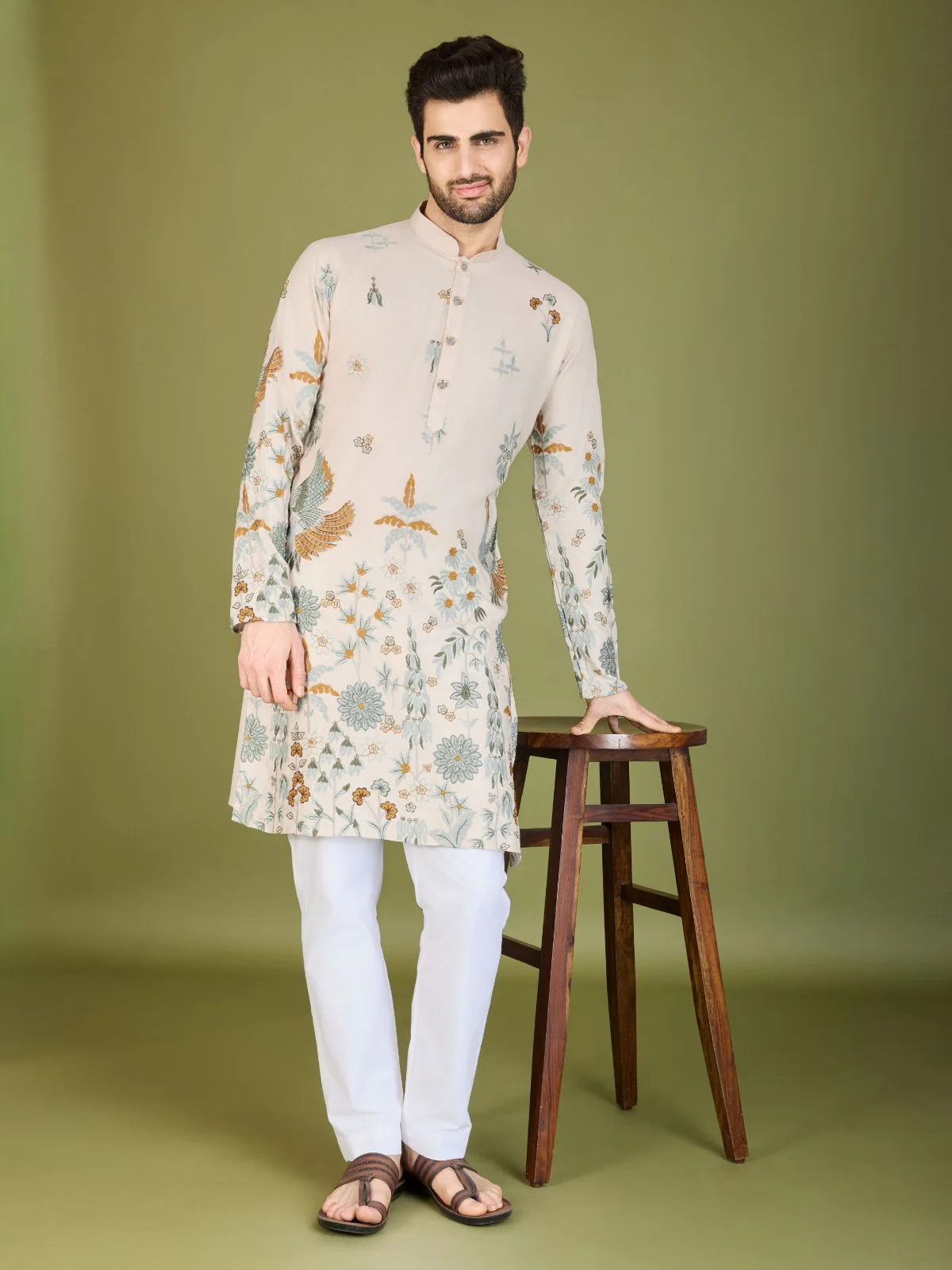 Odette Ivory Viscose Rayon Stitched Kurta For Men - Image 2