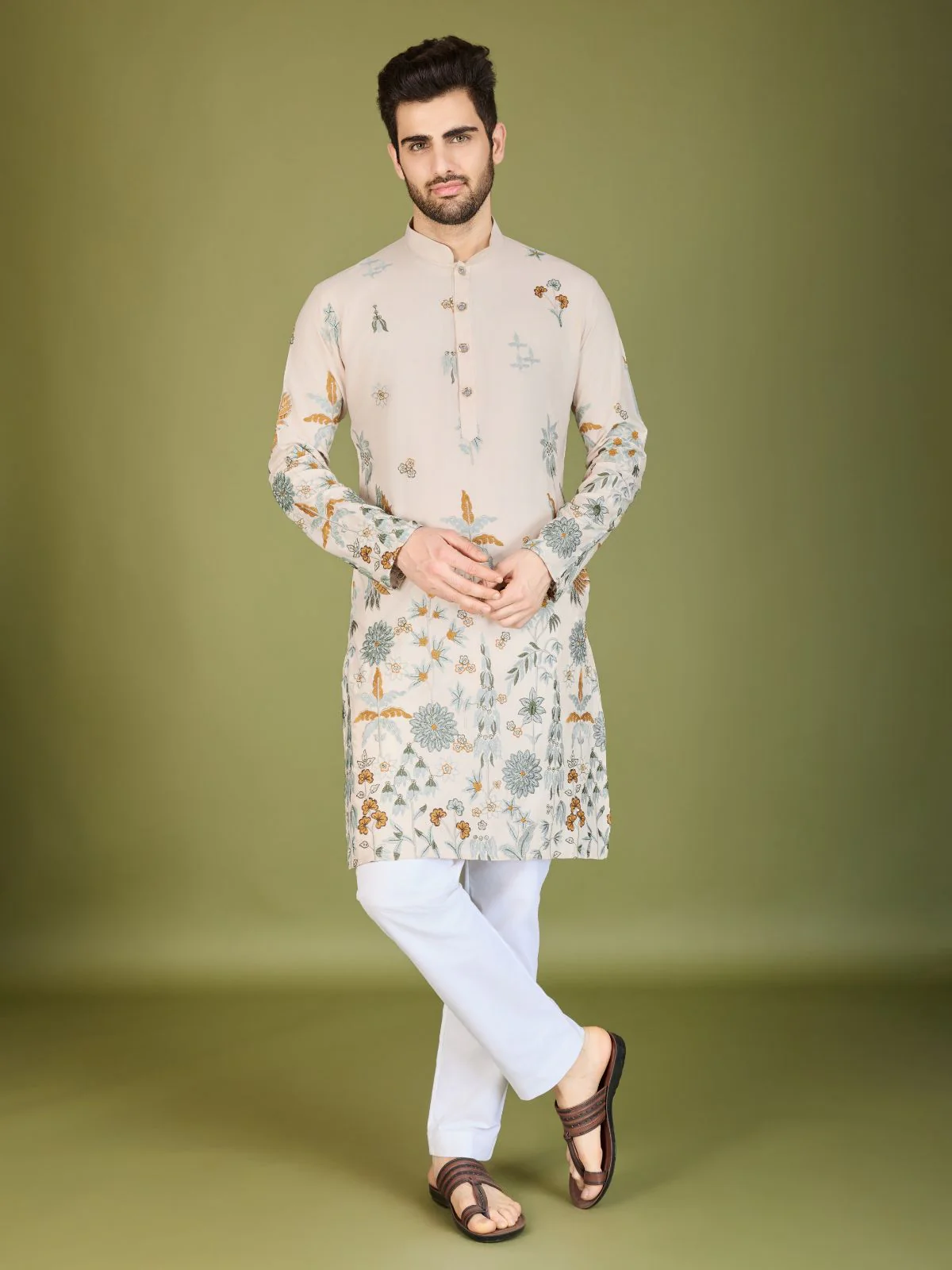Odette Ivory Viscose Rayon Stitched Kurta For Men - Image 3