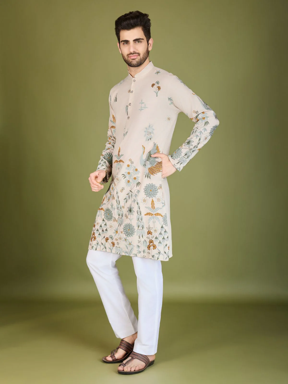 Odette Ivory Viscose Rayon Stitched Kurta For Men - Image 4