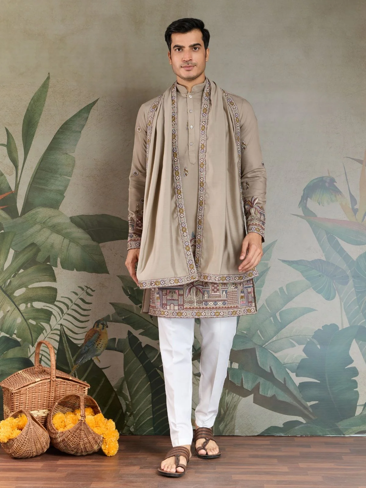 Odette Ivory Viscose Silk Embroidered Stitched Kurta For Men