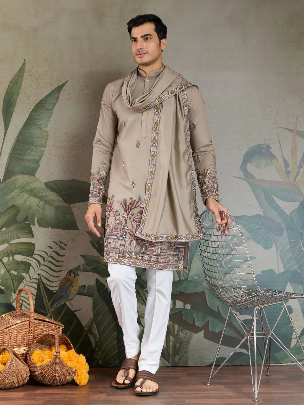 Odette Ivory Viscose Silk Embroidered Stitched Kurta For Men - Image 3