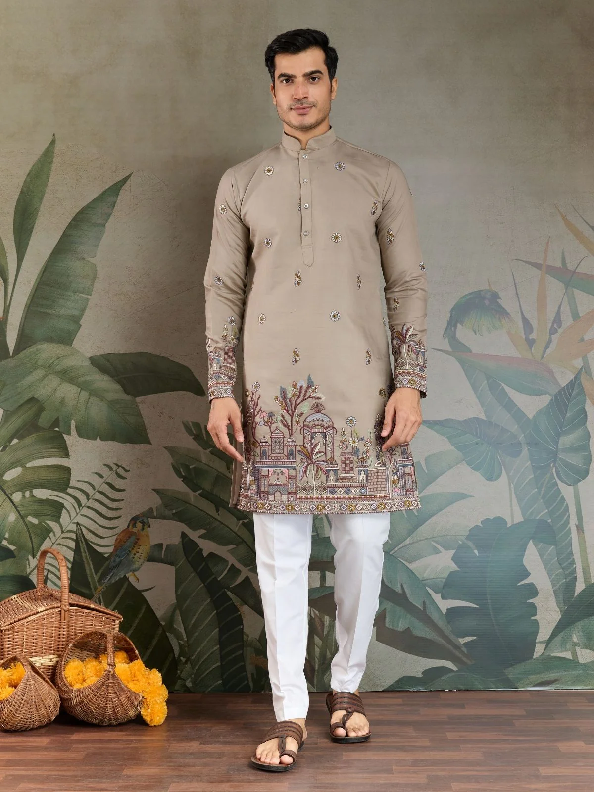 Odette Ivory Viscose Silk Embroidered Stitched Kurta For Men - Image 5