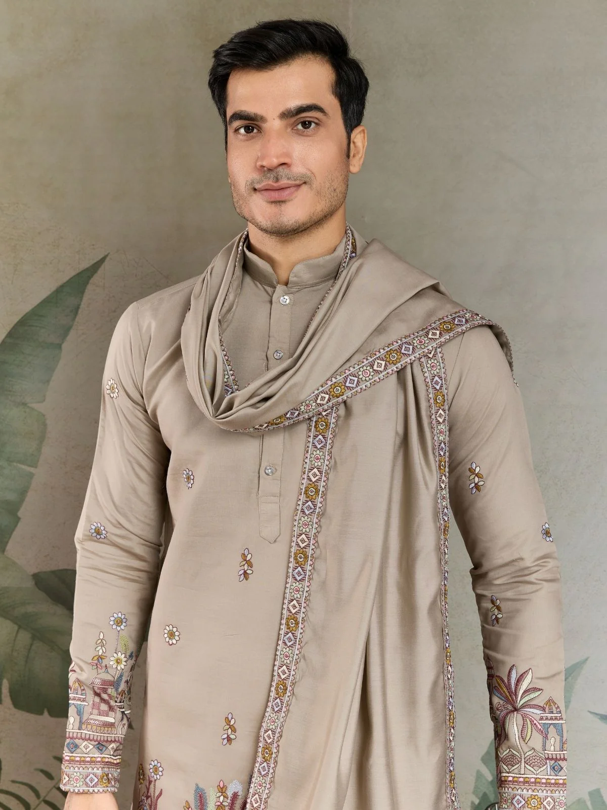 Odette Ivory Viscose Silk Embroidered Stitched Kurta For Men - Image 7