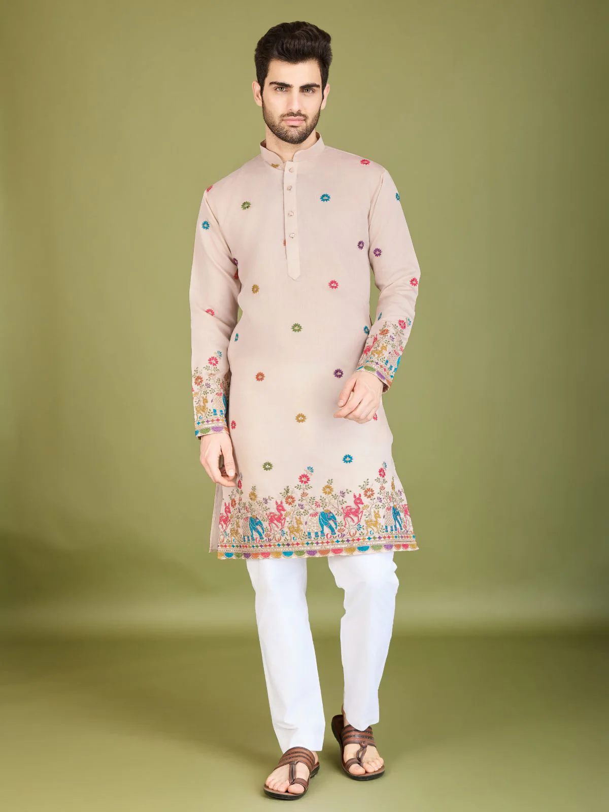 Odette Ivory Viscose Silk Stitched Kurta For Men - Image 2