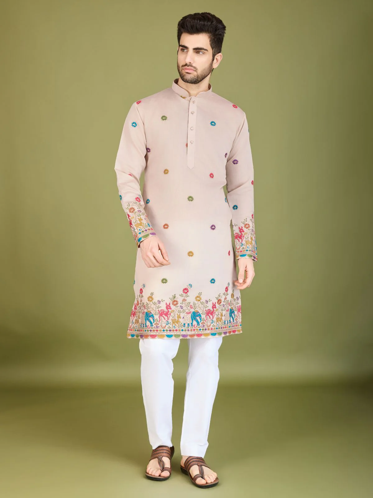 Odette Ivory Viscose Silk Stitched Kurta For Men - Image 4