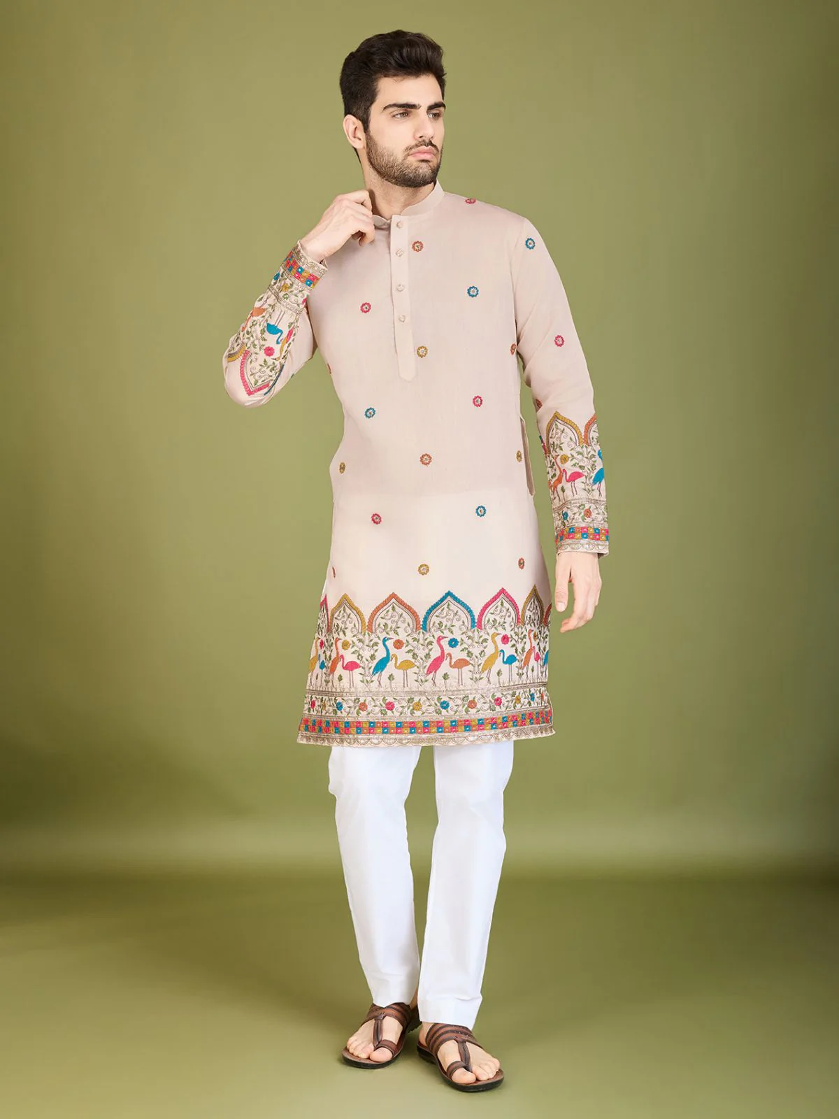 Odette Ivory Viscose Silk Stitched Kurta For Men - Image 3