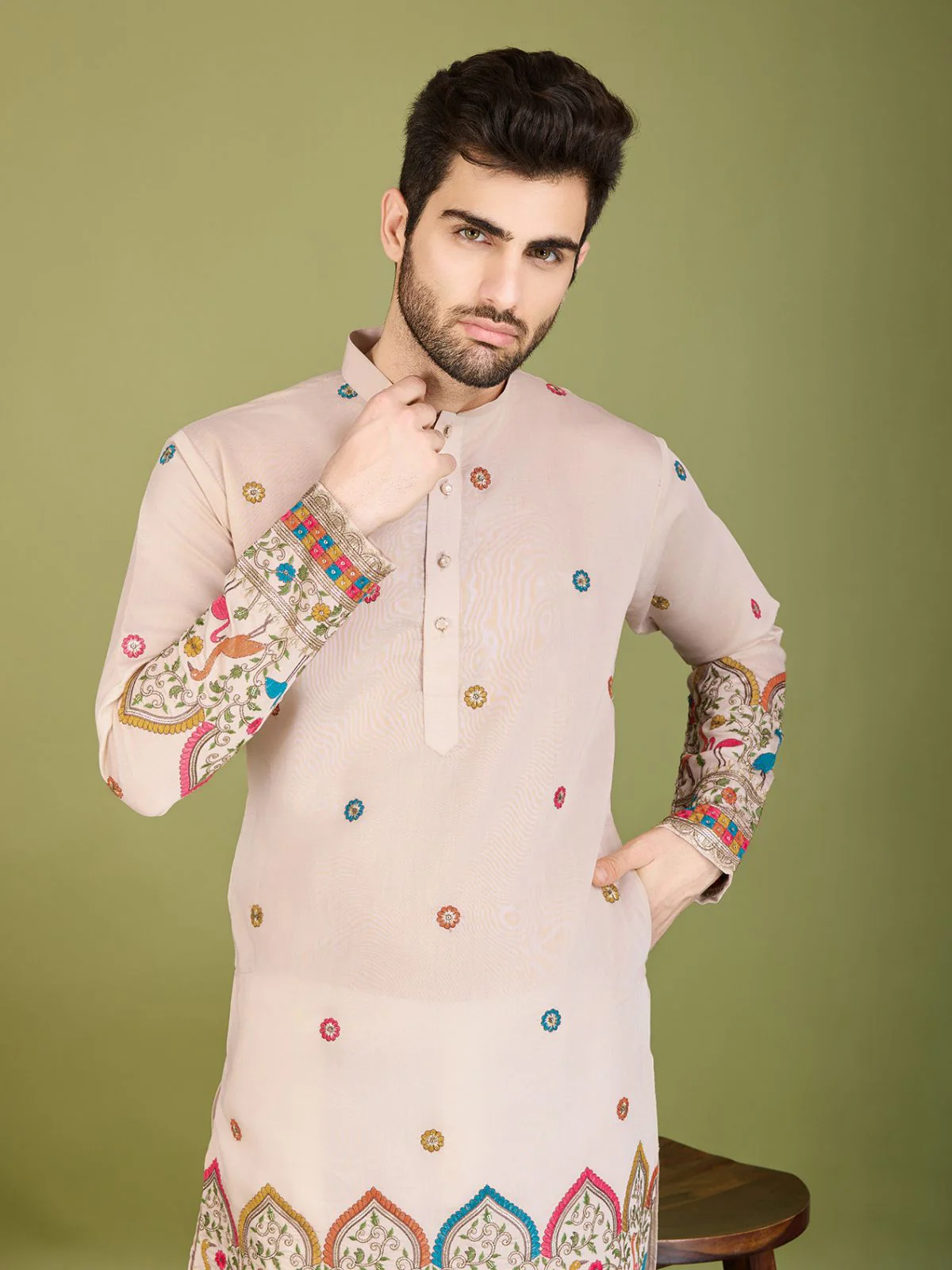 Odette Ivory Viscose Silk Stitched Kurta For Men - Image 6