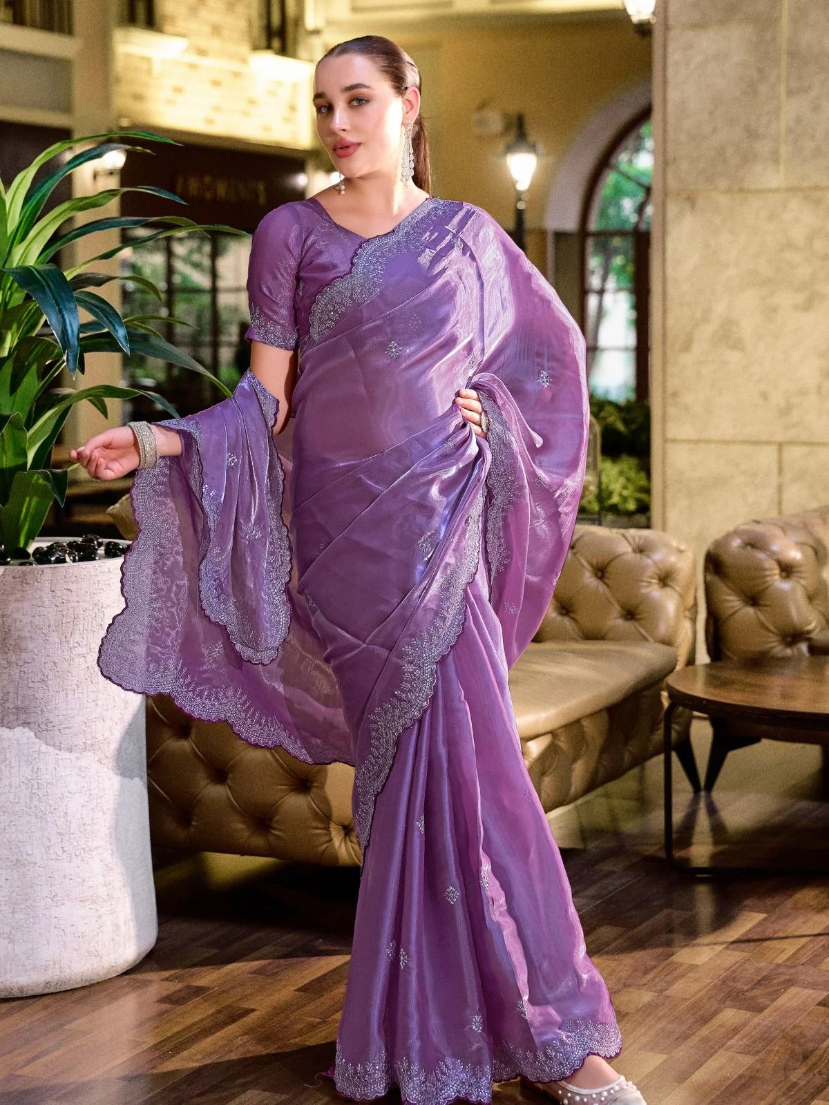 Odette Lavender Chiffon Embellished Saree For Women