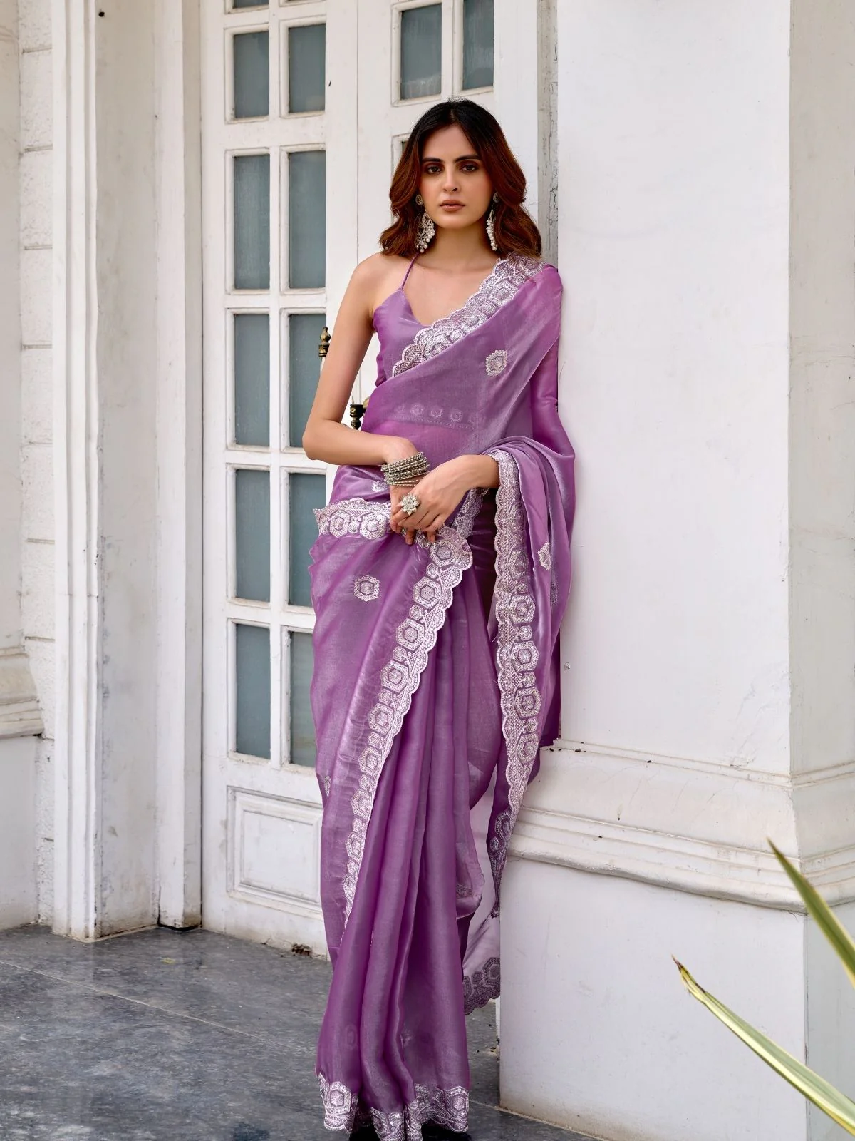 Odette Lavender Chiffon Embellished Saree For Women