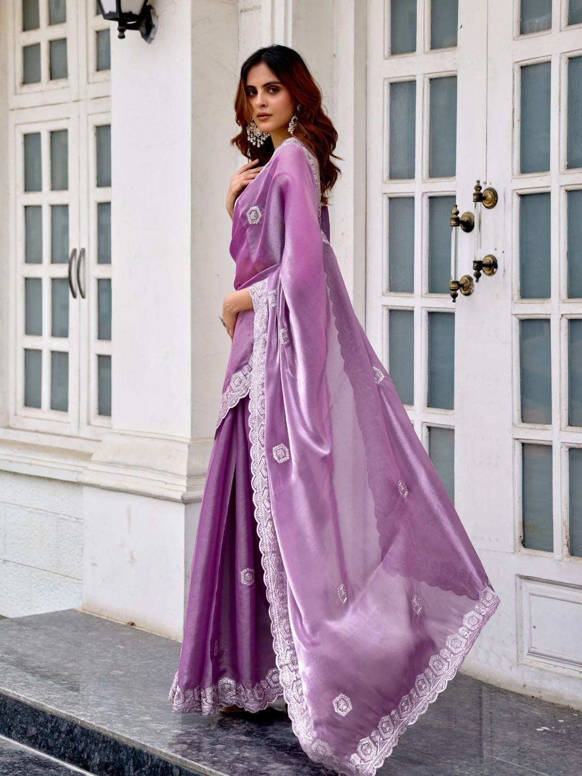 Odette Lavender Chiffon Embellished Saree For Women - Image 2