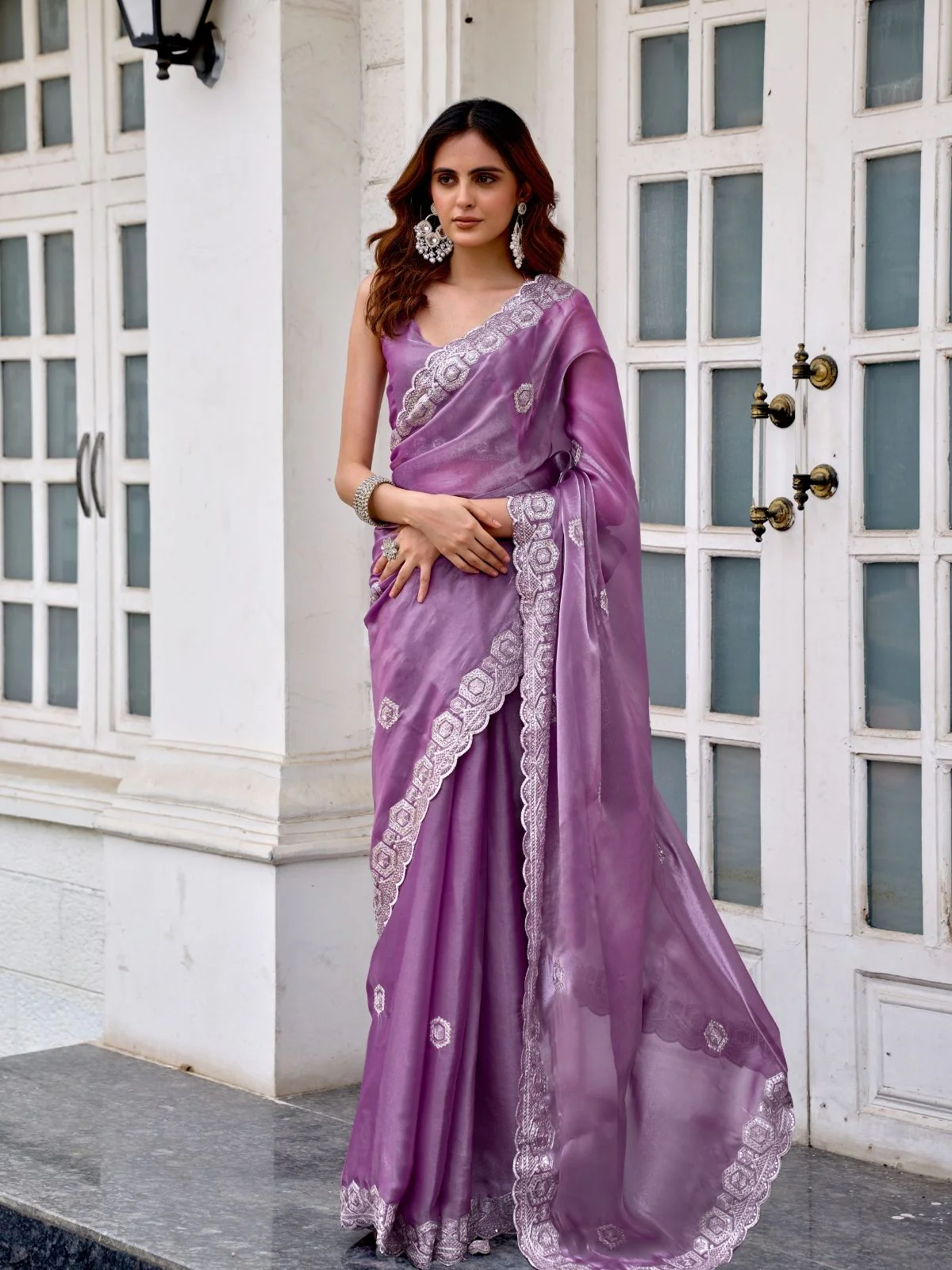 Odette Lavender Chiffon Embellished Saree For Women - Image 3