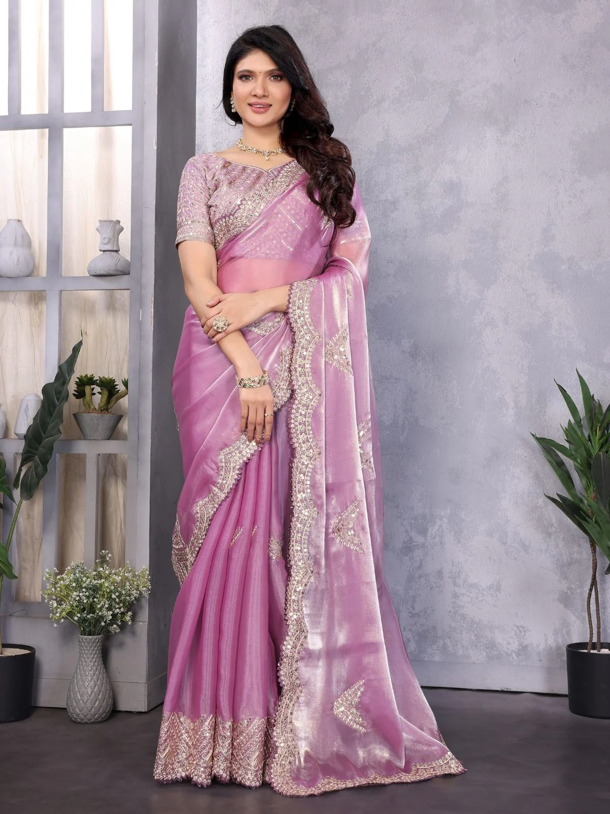 Odette Lavender Chiffon Embroidered Saree For Women
