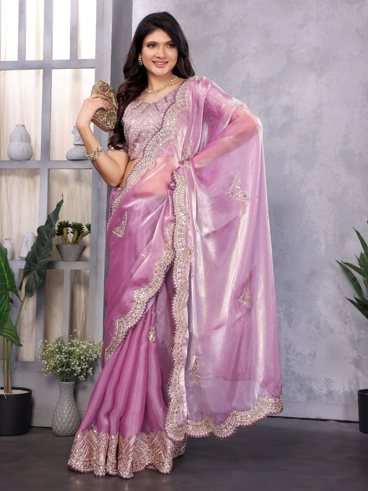 Odette Lavender Chiffon Embroidered Saree For Women - Image 2