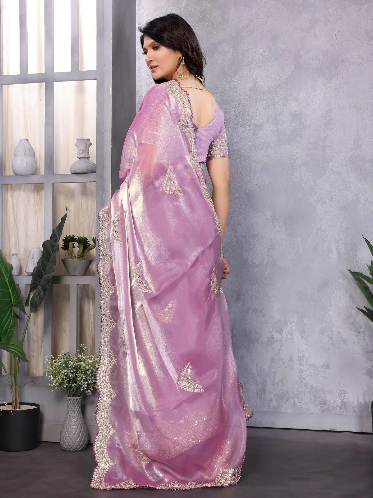 Odette Lavender Chiffon Embroidered Saree For Women - Image 3
