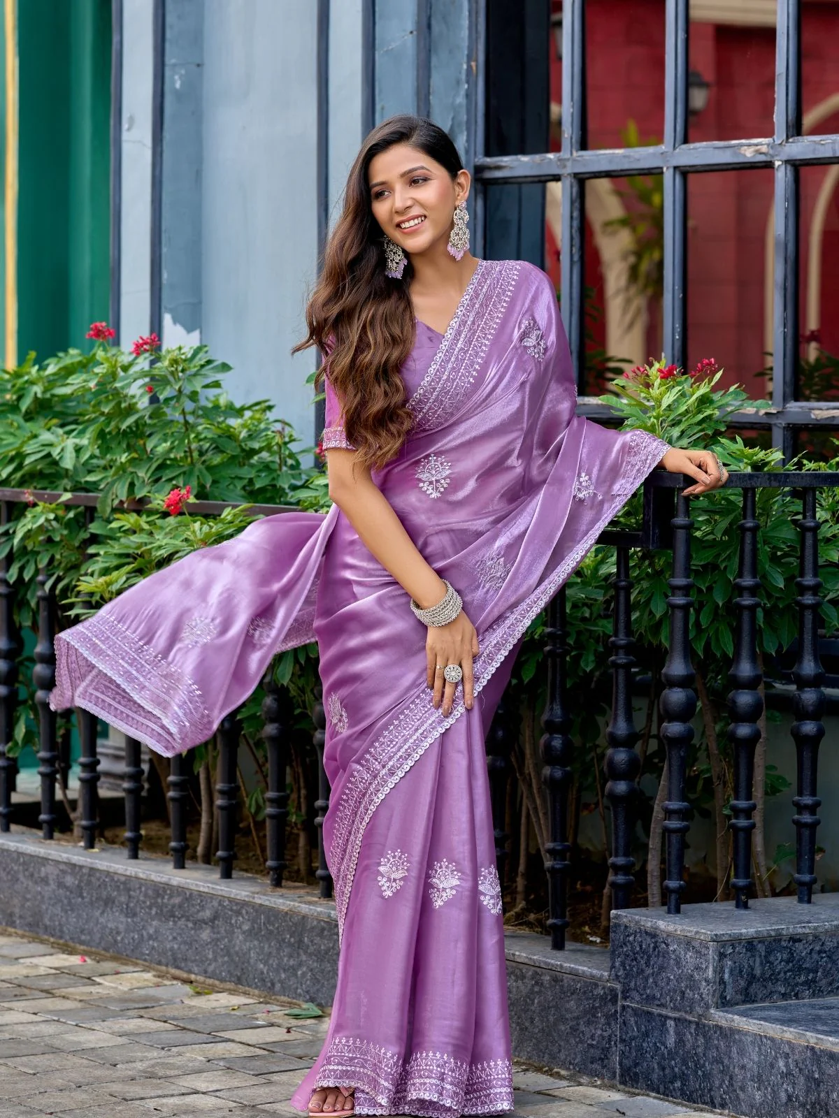 Odette Lavender Chiffon Embroidered Saree For Women