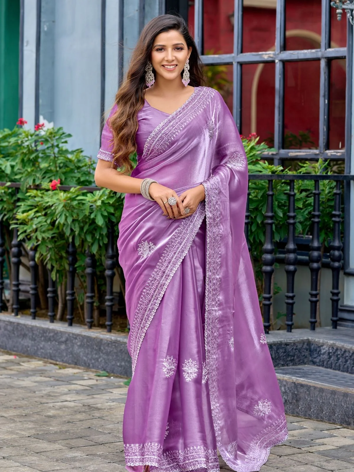 Odette Lavender Chiffon Embroidered Saree For Women - Image 3