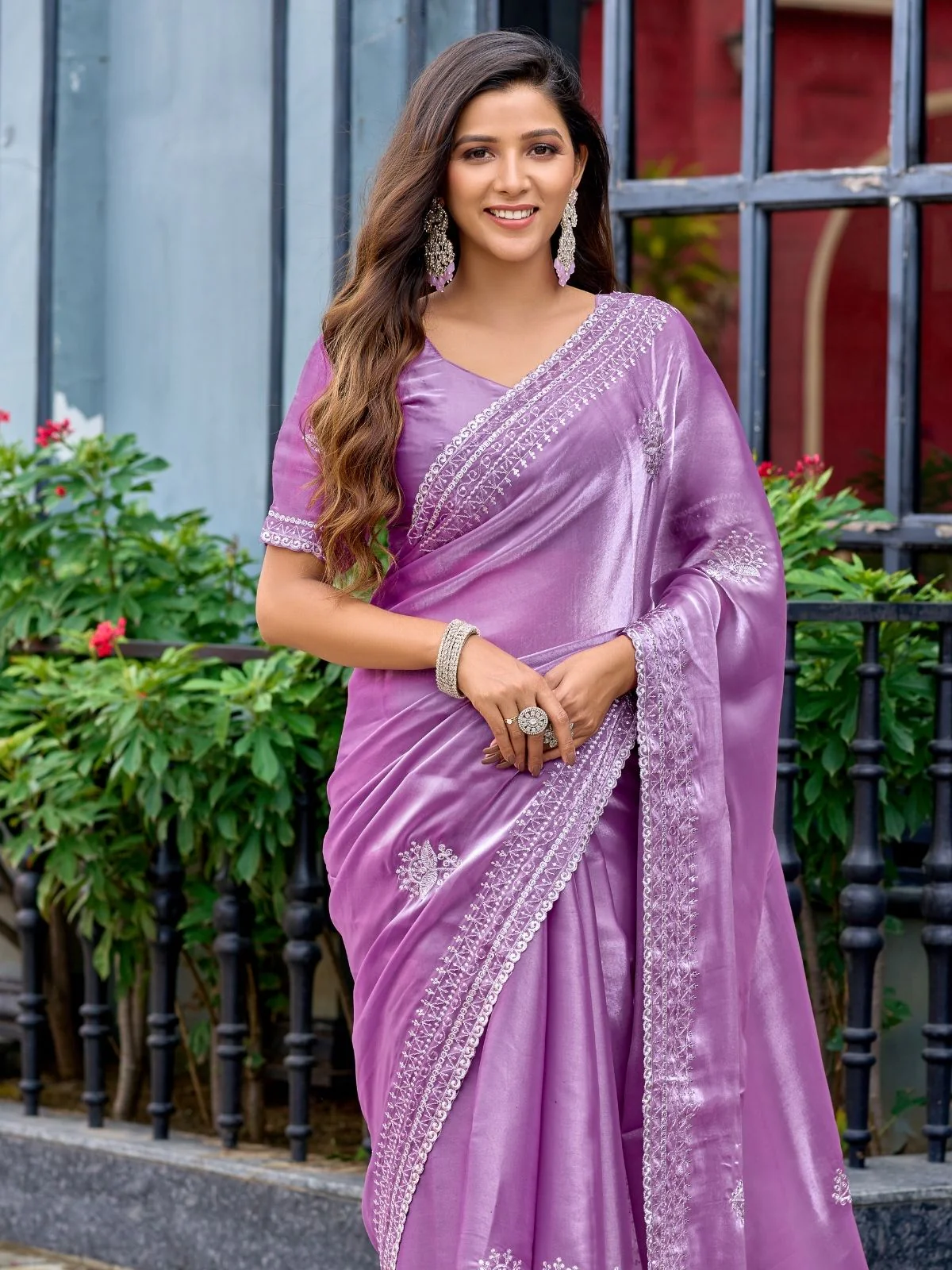 Odette Lavender Chiffon Embroidered Saree For Women - Image 5