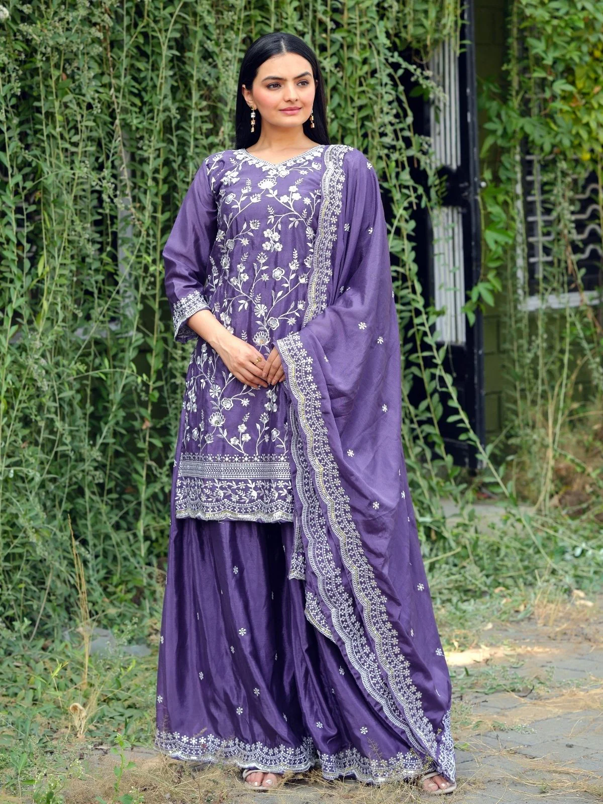Odette Lavender Chinon Embroidered Stitched Kurta Set For Women - Image 2