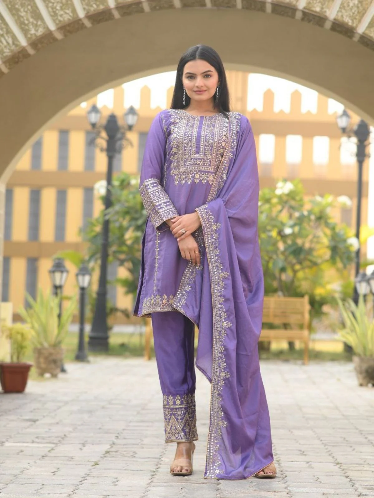 Odette Lavender ChinonÂ Embroidered Stitched Kurta Set For Women - Image 2