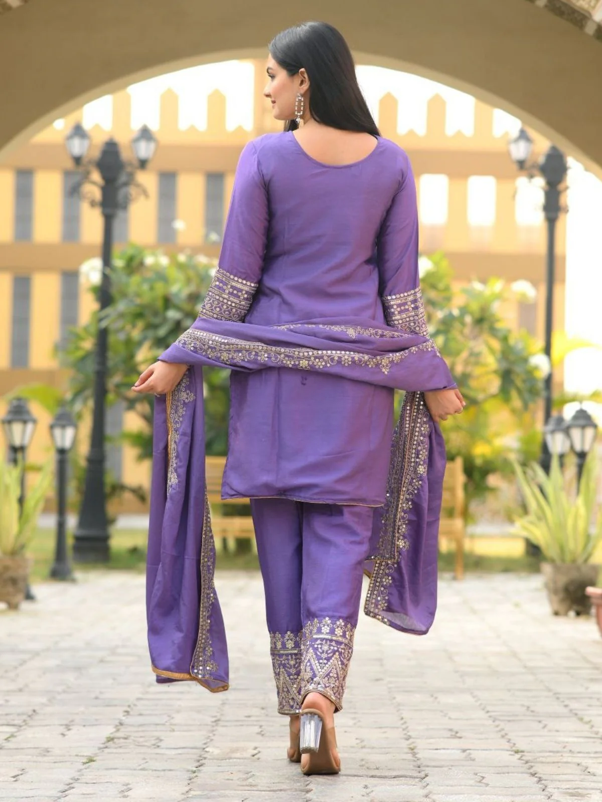 Odette Lavender ChinonÂ Embroidered Stitched Kurta Set For Women - Image 3