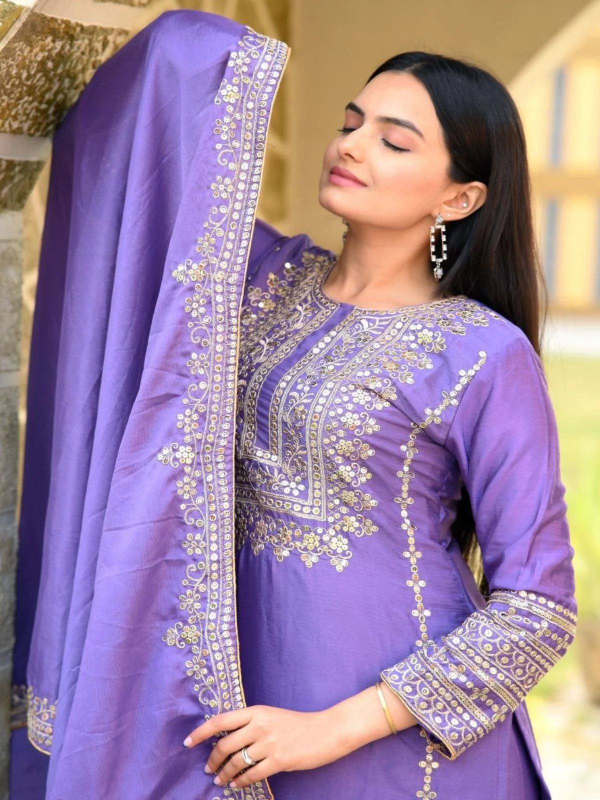 Odette Lavender ChinonÂ Embroidered Stitched Kurta Set For Women - Image 5