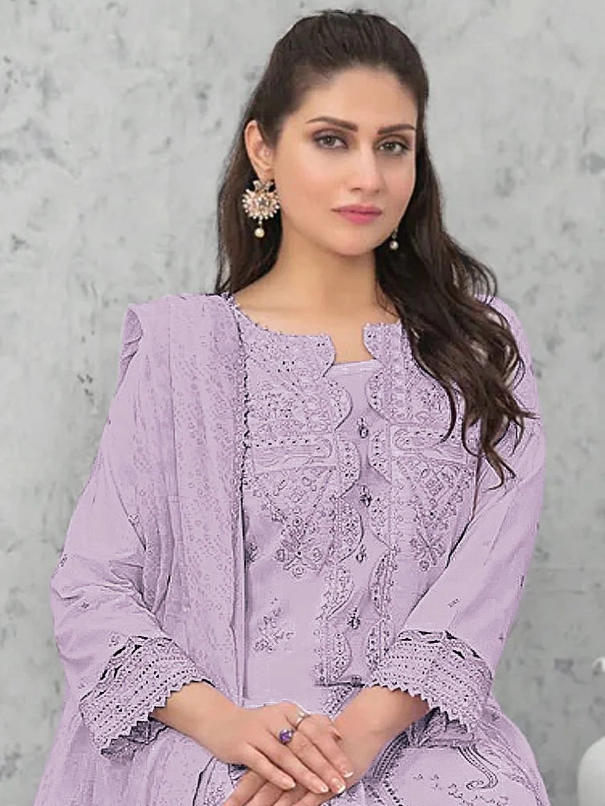 Odette Lavender Cotton Blend Embroidered Semi Stitched Kurta Set For Women - Image 2
