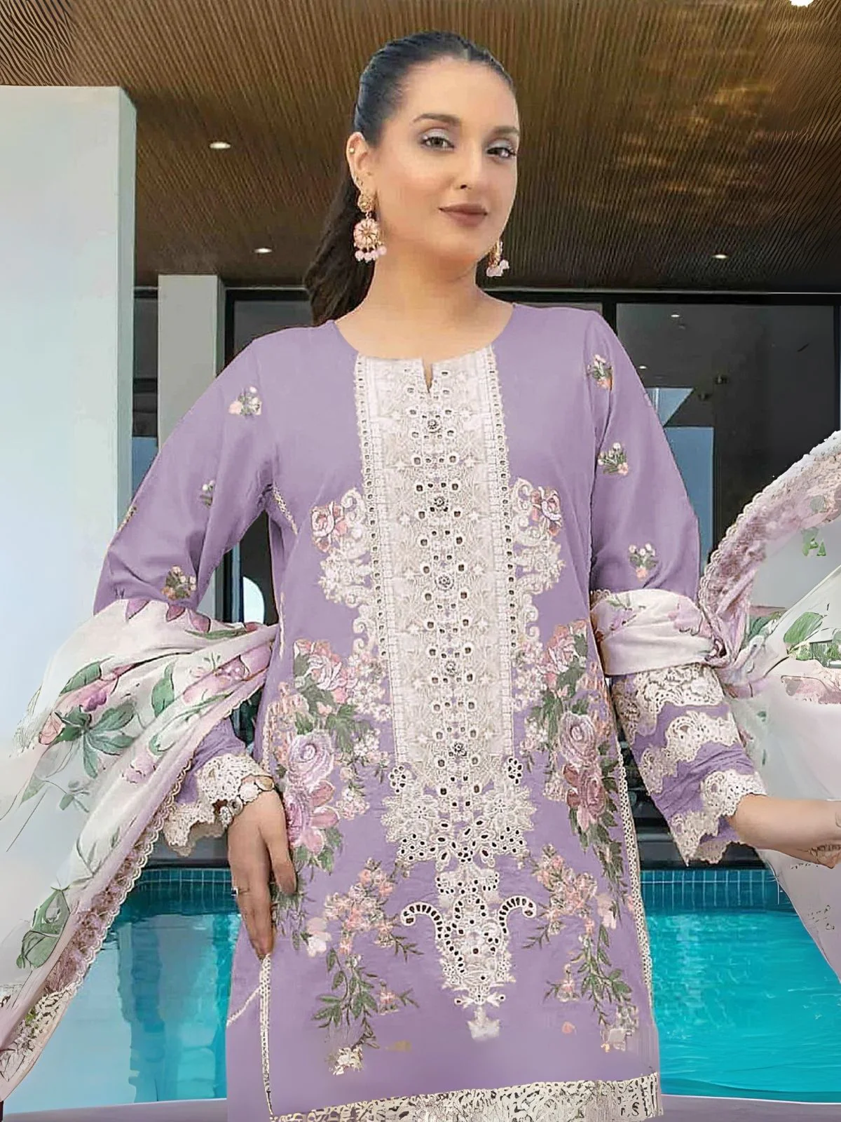 Odette Lavender Cotton Blend Embroidered Semi Stitched Kurta Set For Women - Image 2