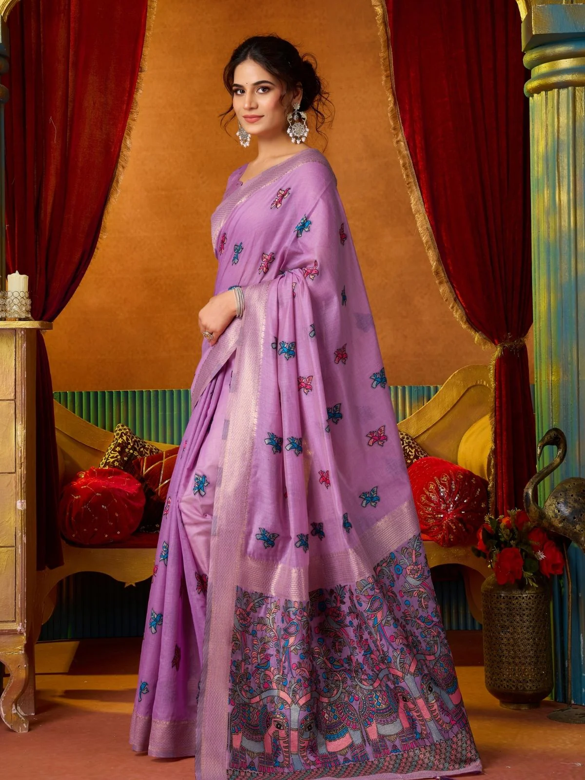 Odette Lavender Cotton Blend Printed Saree For Women - Image 2