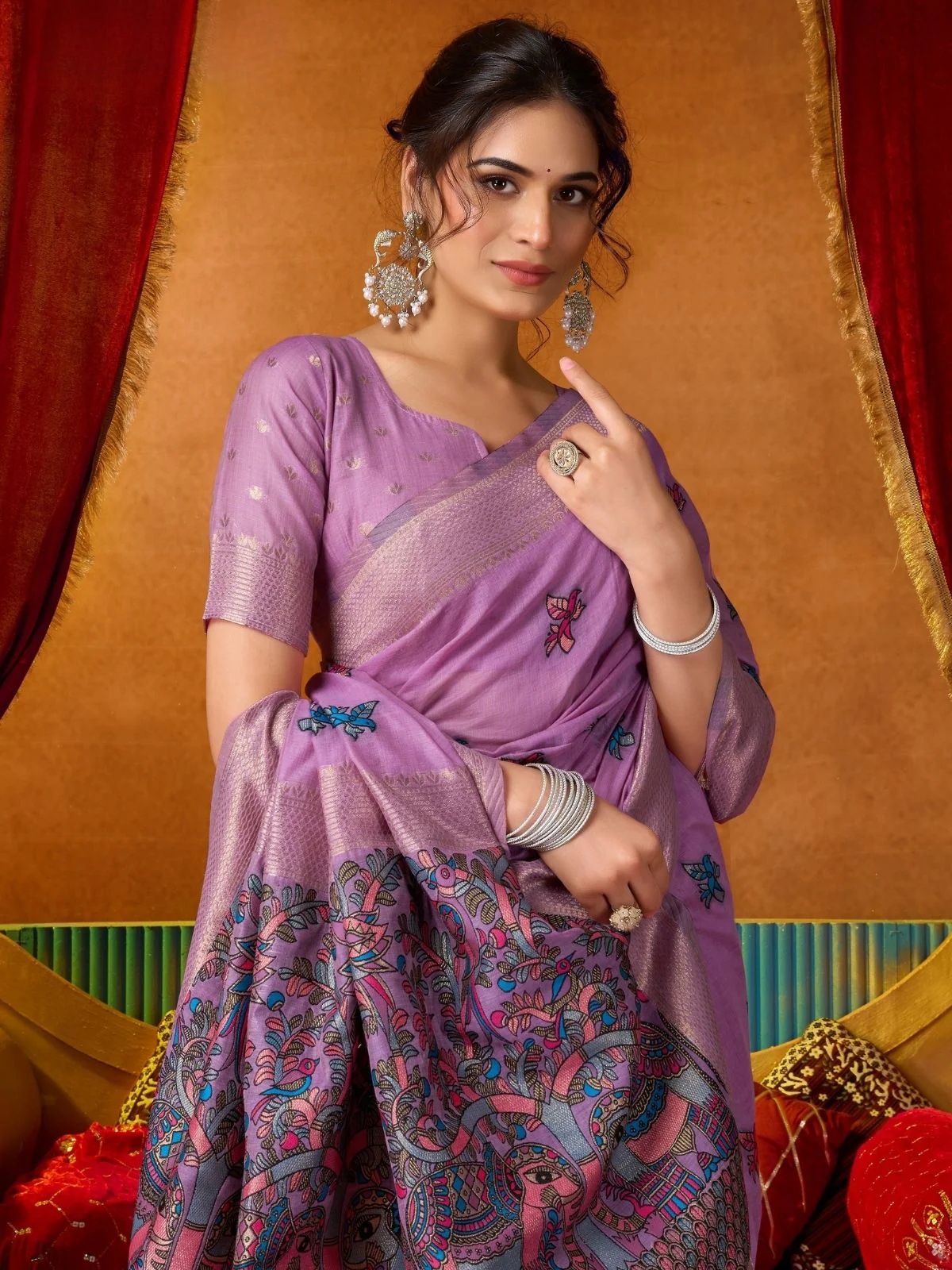 Odette Lavender Cotton Blend Printed Saree For Women - Image 5
