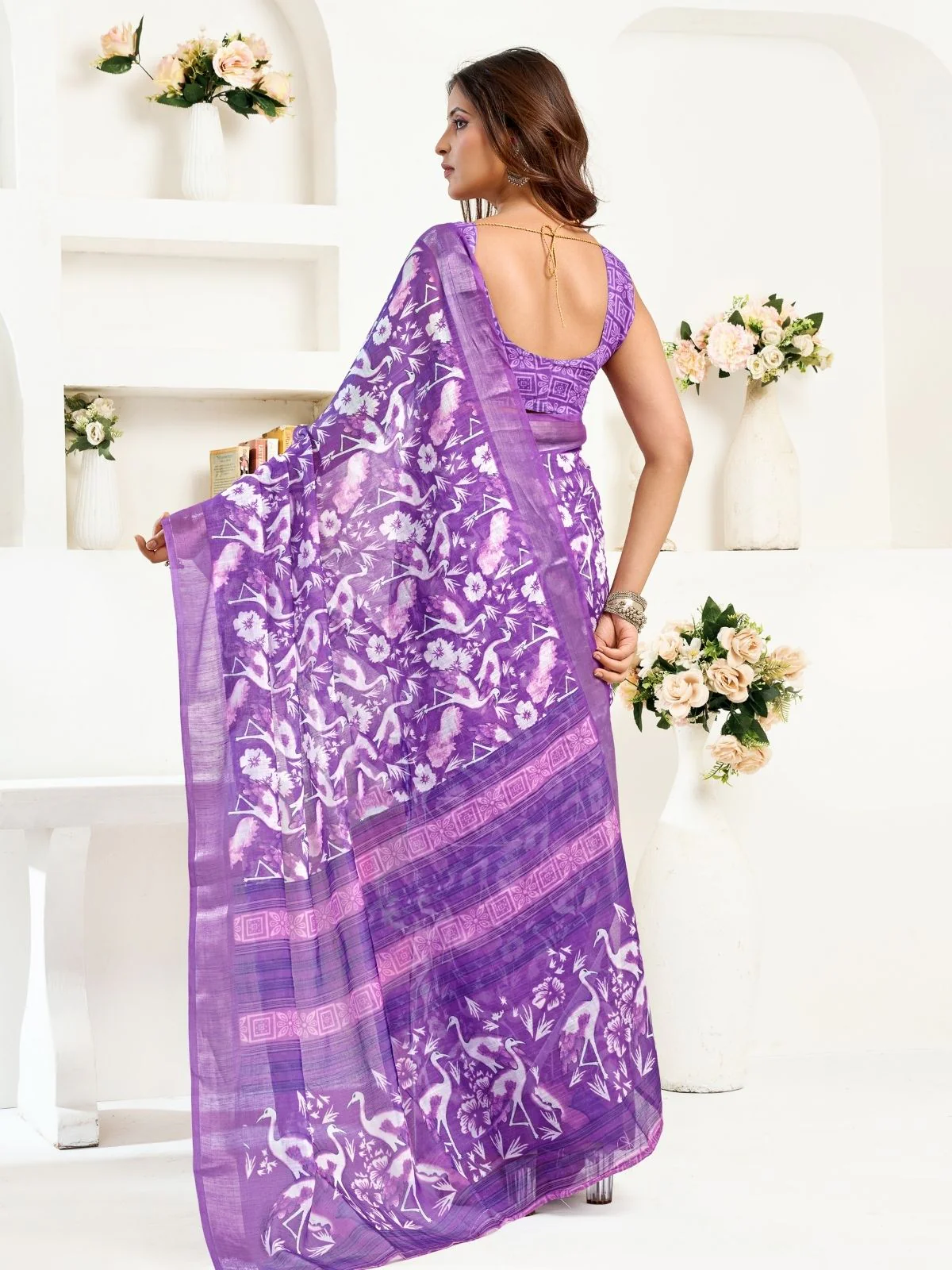 Odette Lavender Cotton Linen Zari Work Saree For Women - Image 3