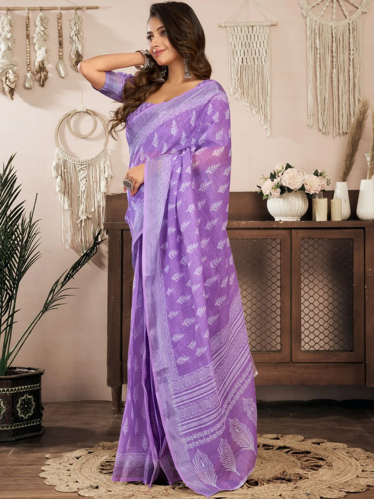 Odette Lavender Cotton Linen Zari Work Saree For Women - Image 2