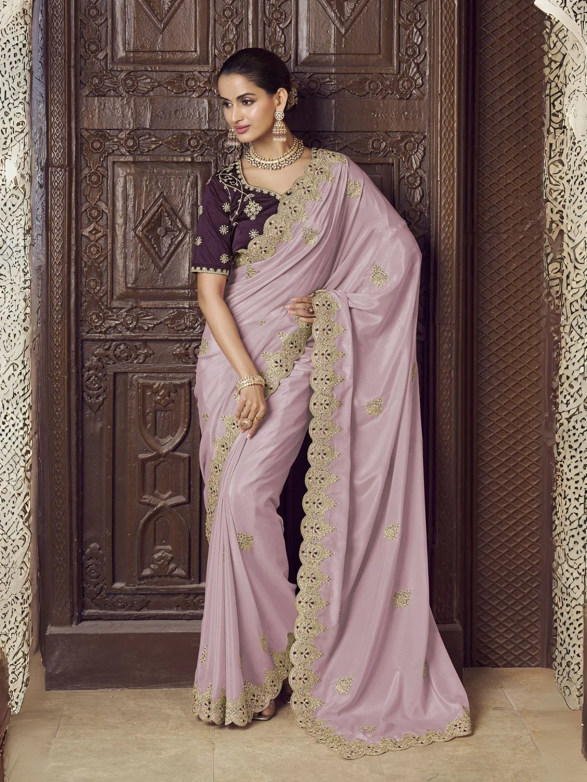 Odette Lavender Crepe Embroidered Elegant Saree For Women