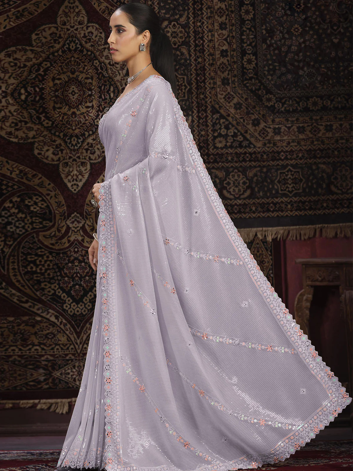 Odette Lavender Embellished Georgette Saree With unstitched Blouse For Women - Image 2