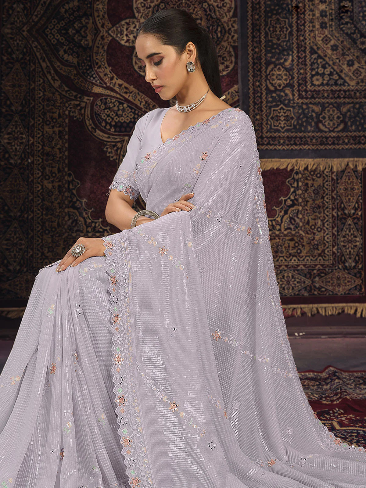 Odette Lavender Embellished Georgette Saree With unstitched Blouse For Women - Image 3