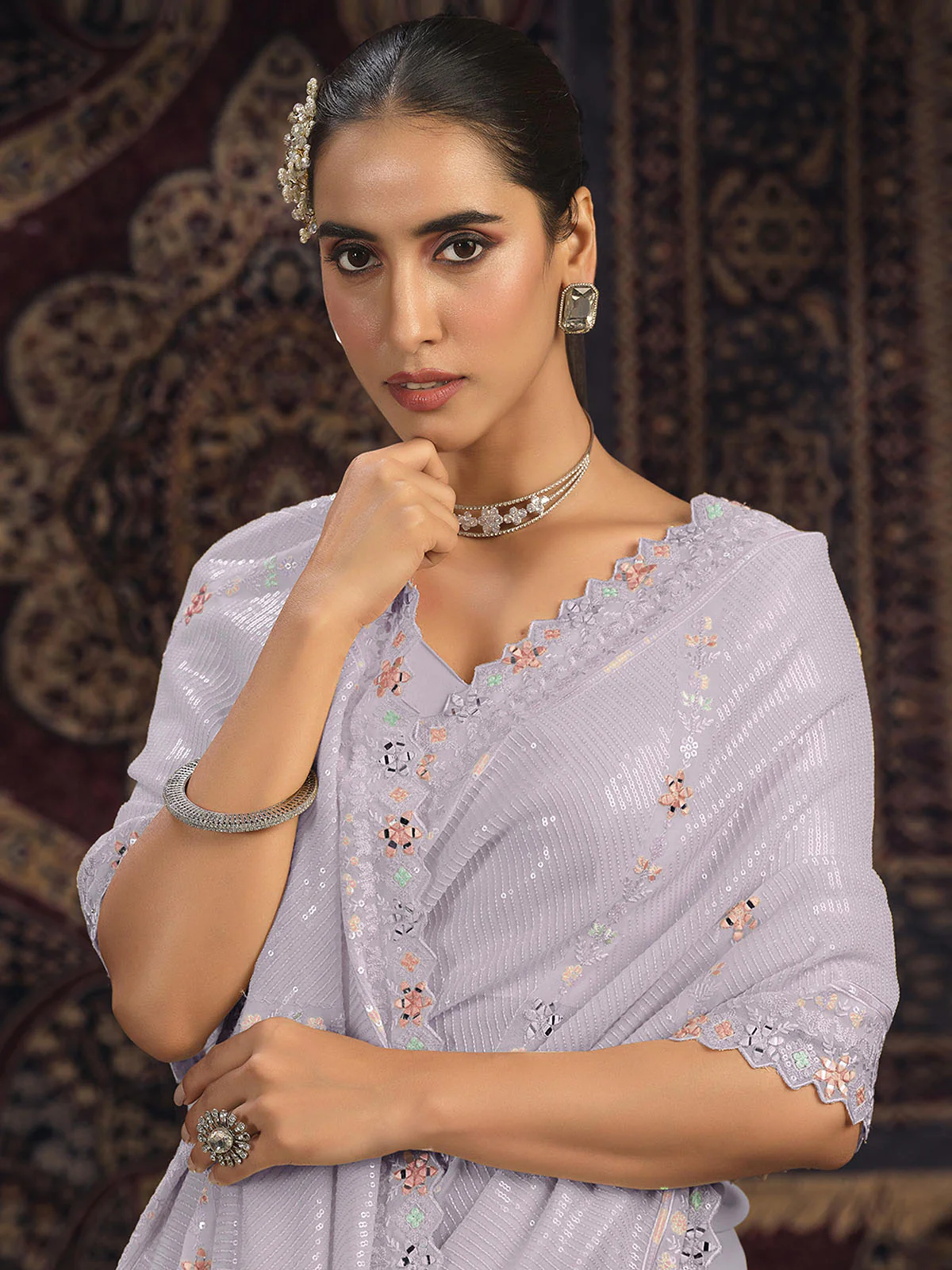 Odette Lavender Embellished Georgette Saree With unstitched Blouse For Women - Image 4