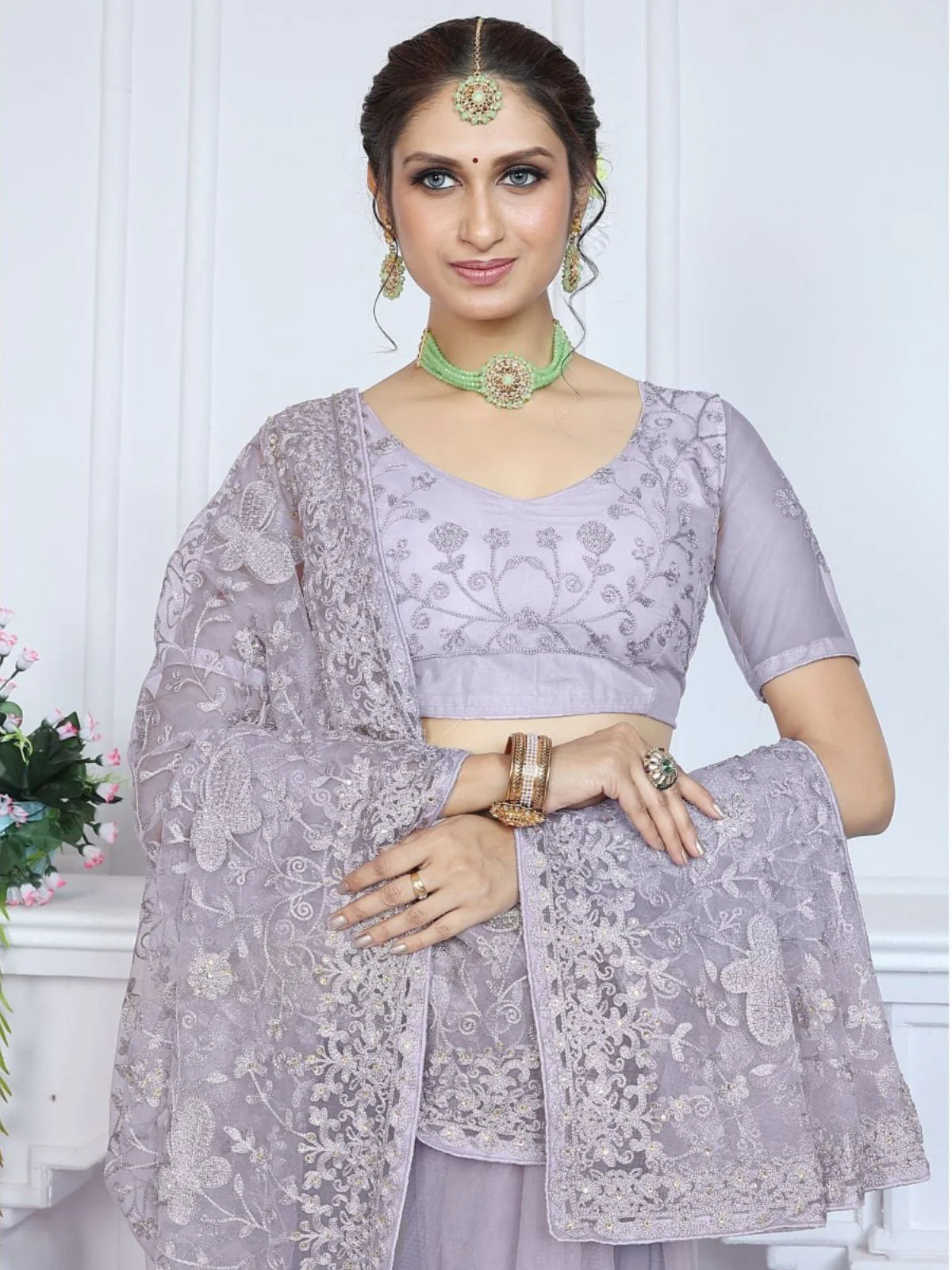 Odette Lavender Embroidered Net Saree With unstitched Blouse For Women - Image 2