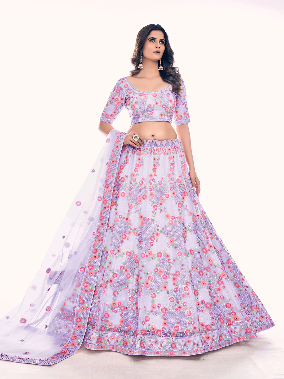 Odette Lavender Embroidered Soft Net Semi Stitched Lehenga With Blouse For Women - Image 2