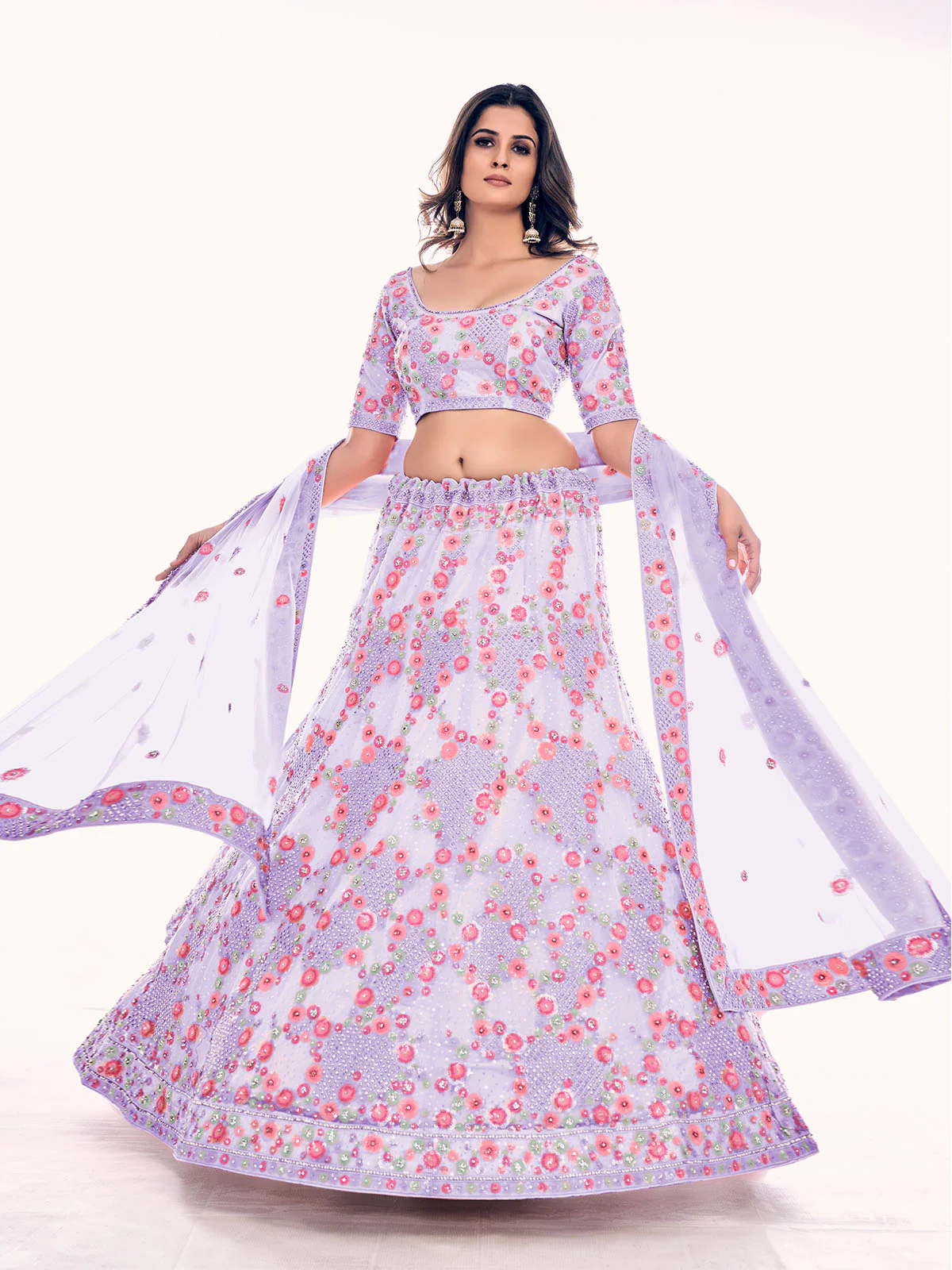 Odette Lavender Embroidered Soft Net Semi Stitched Lehenga With Blouse For Women - Image 4
