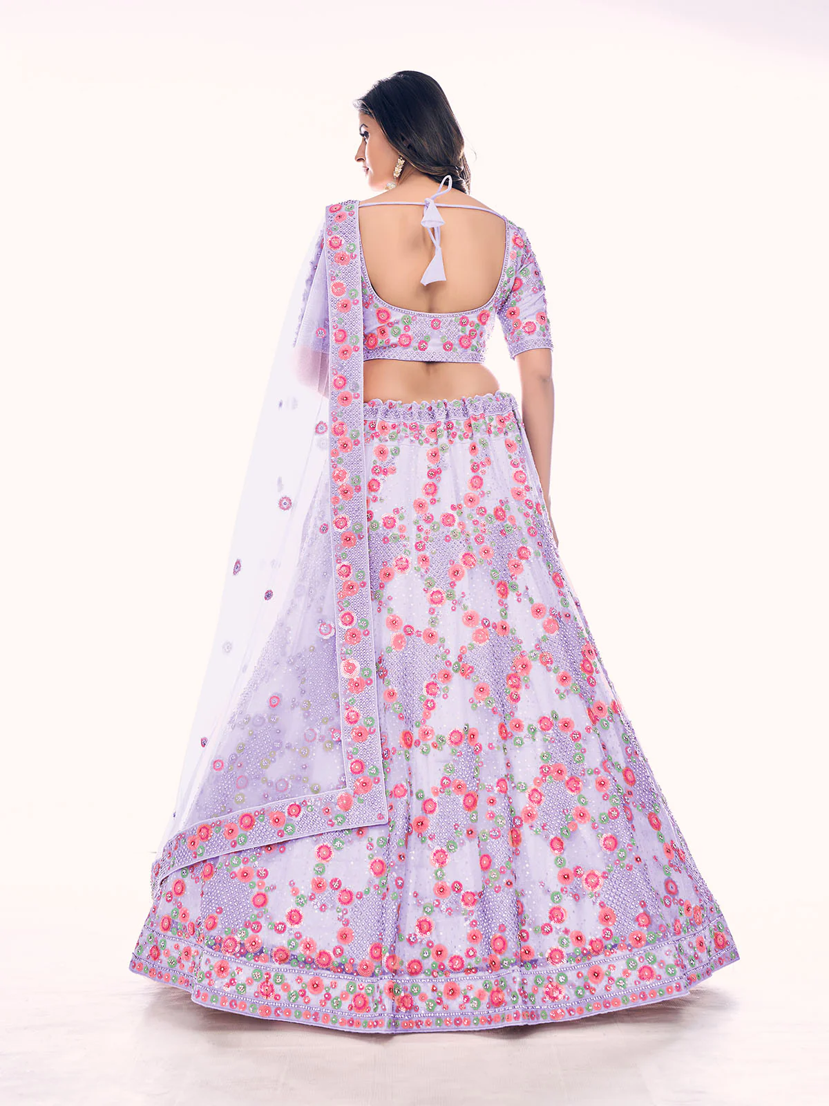 Odette Lavender Embroidered Soft Net Semi Stitched Lehenga With Blouse For Women - Image 6