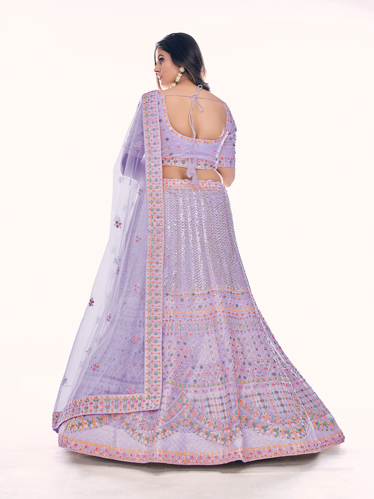 Odette Lavender Embroidered Soft Net Semi Stitched Lehenga With Blouse For Women - Image 4