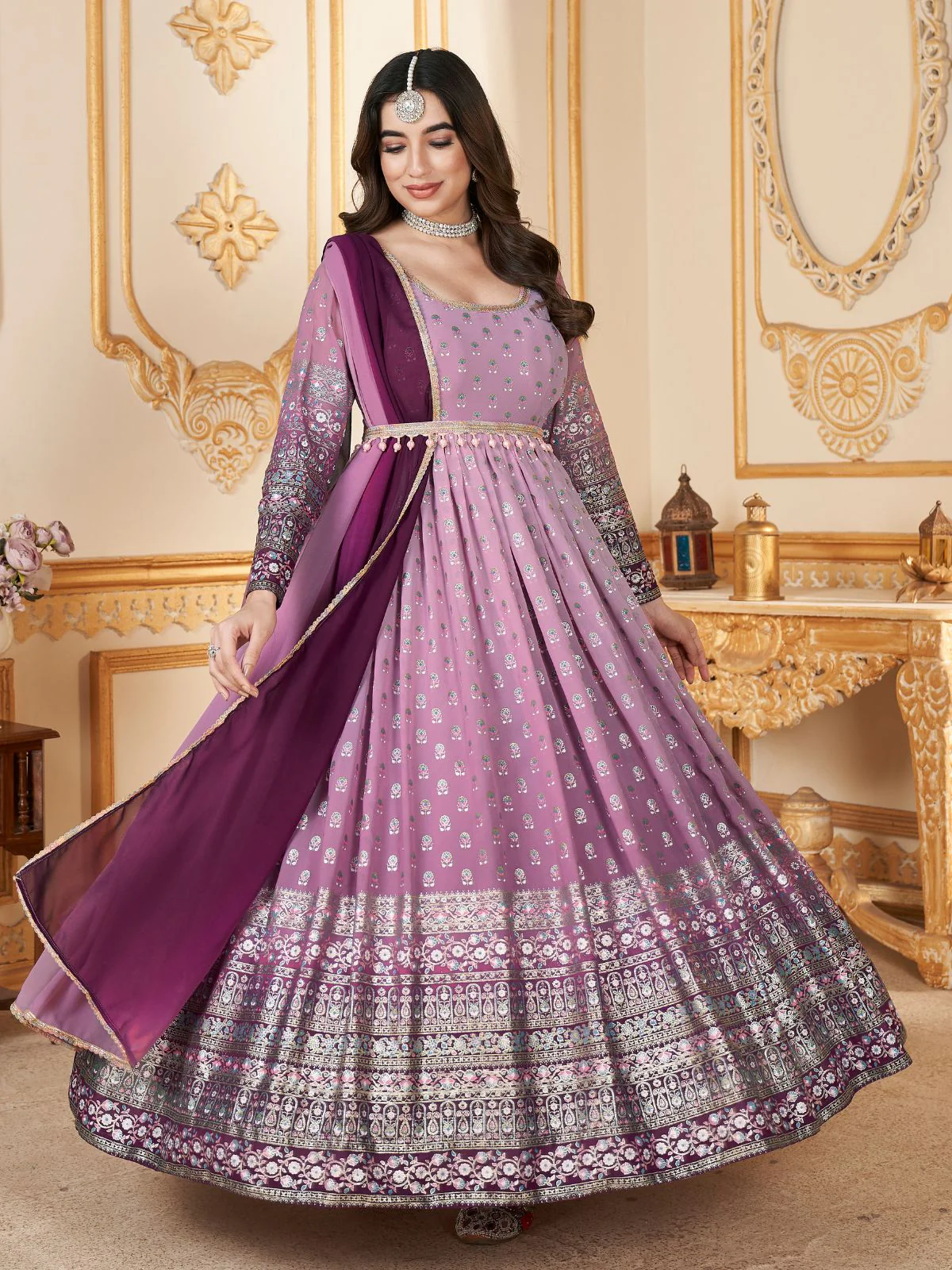 Odette Lavender Faux Georgette Metalic Multi Foil Work Stitched Gown With Dupatta For Women - Image 3