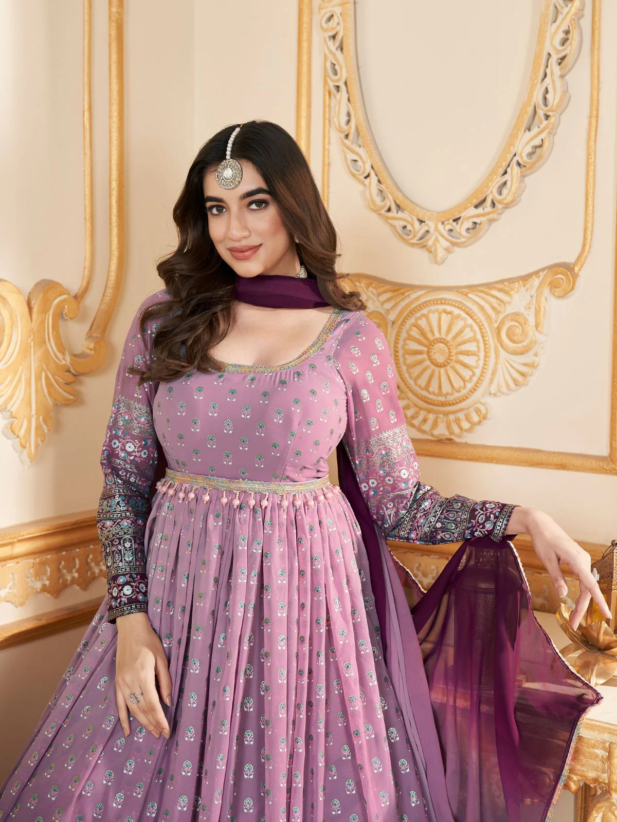 Odette Lavender Faux Georgette Metalic Multi Foil Work Stitched Gown With Dupatta For Women - Image 5