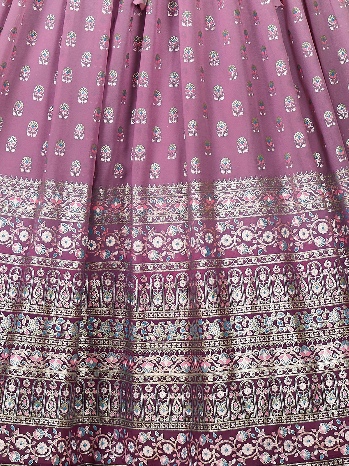 Odette Lavender Faux Georgette Metalic Multi Foil Work Stitched Gown With Dupatta For Women - Image 6