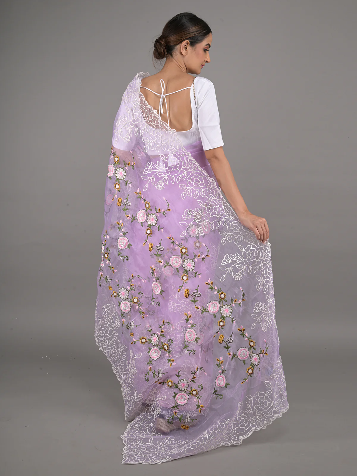 Odette Lavender Floral Embroidered Organza Saree with Unstitched Blouse for Women - Image 3