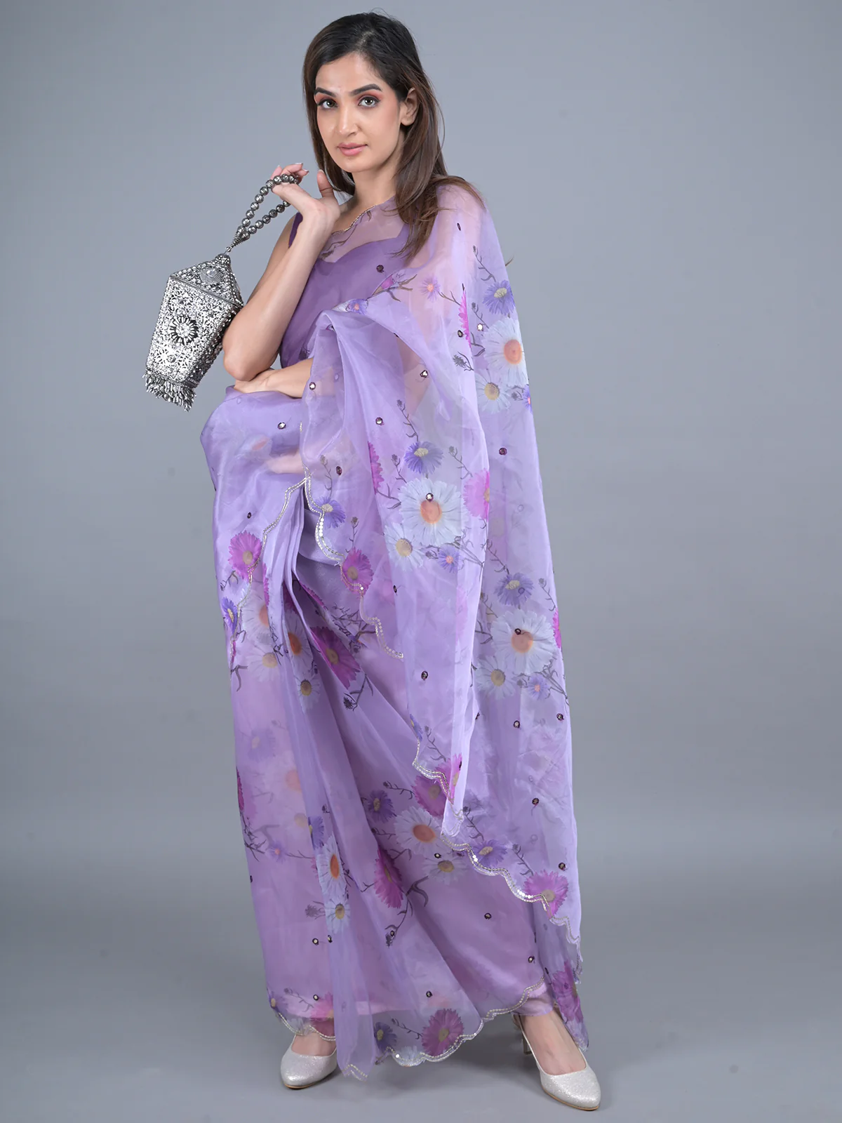 Odette Lavender Floral Printed Embroidered Organza Saree with Unstitched Blouse for Women - Image 2