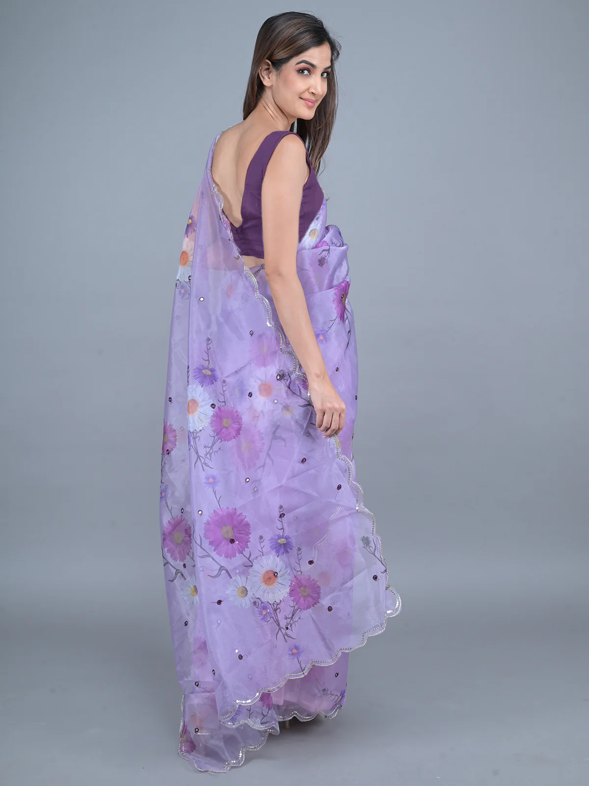 Odette Lavender Floral Printed Embroidered Organza Saree with Unstitched Blouse for Women - Image 3