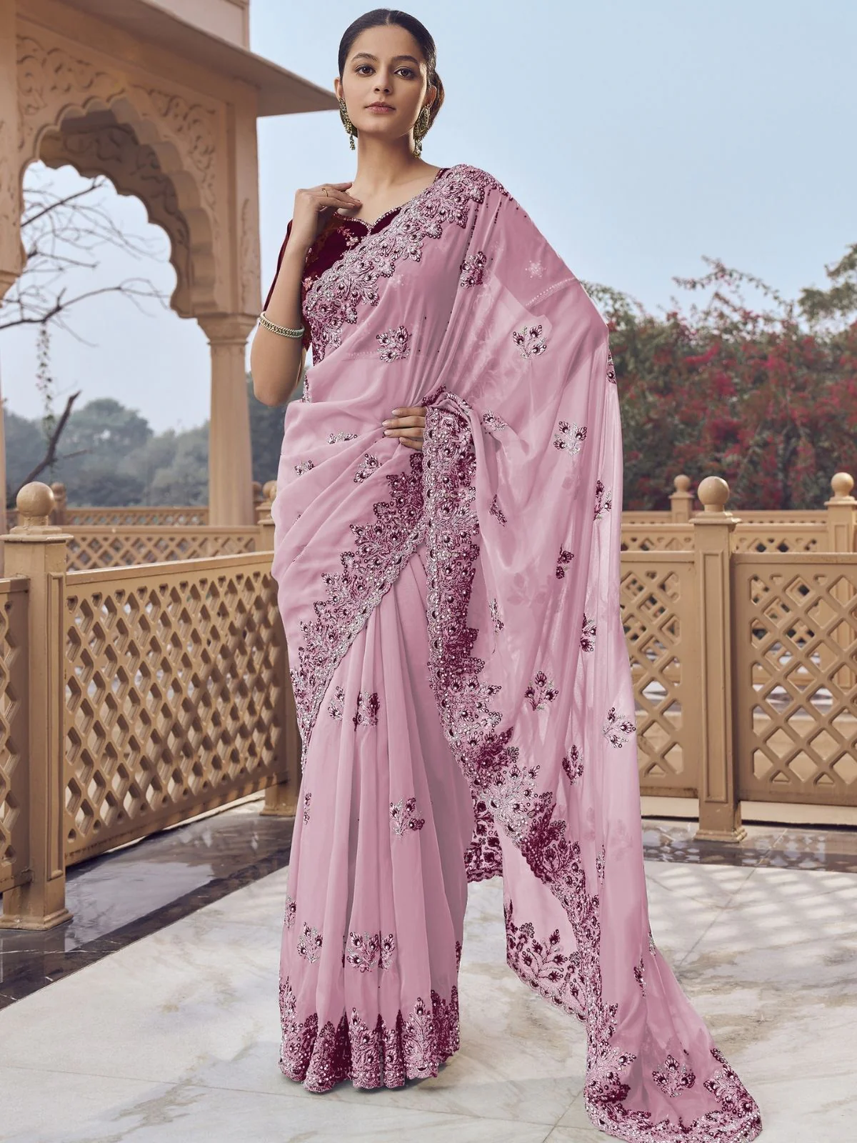 Odette Lavender Georgette Embellished Elegant Saree For Women